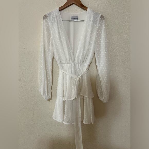 Lioness Legendary Lovers White Swiss Dot Long Sleeve Deep V Tie Waist Dress M - Picture 2 of 8